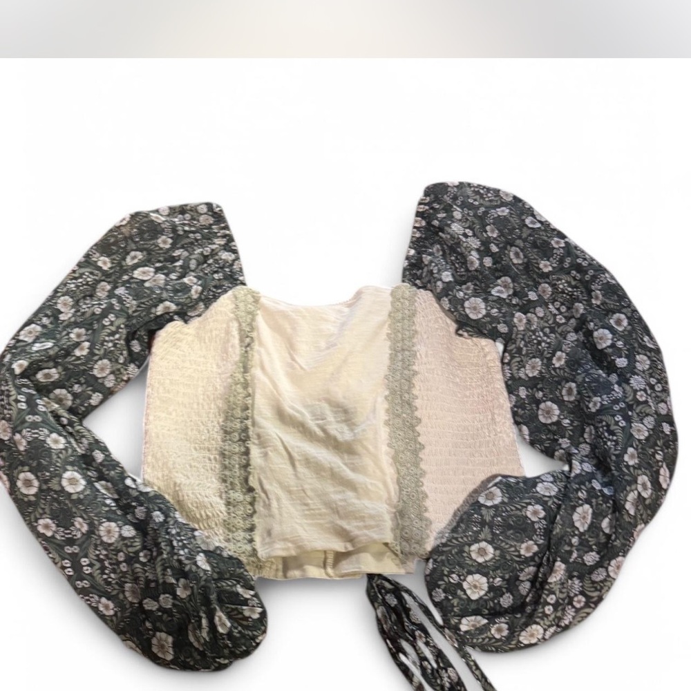 Cream and Green Ruffled Crop Blouse with Tie Front